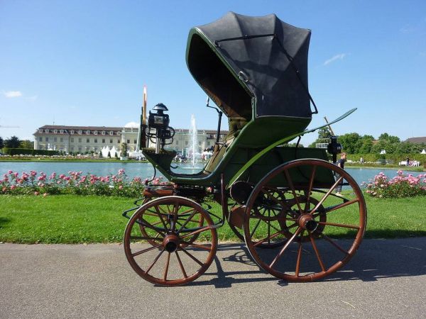 Flocken Elektrowagen steht vor einer Parklandschaft. 