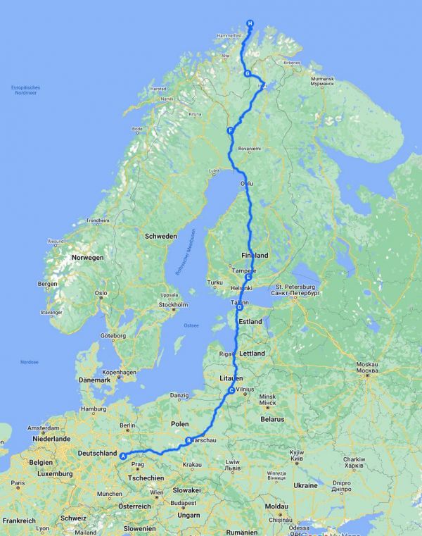 Route von Chemnitz bis zum Nordkapp.